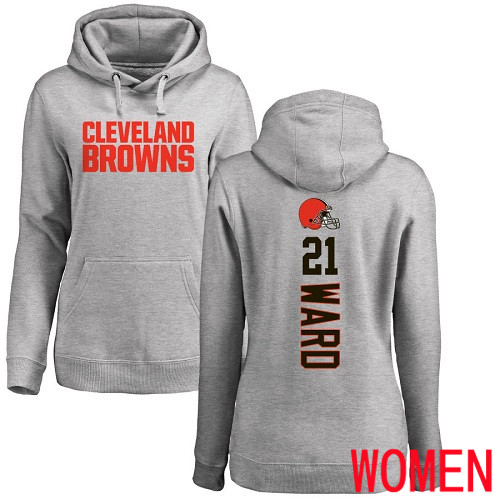 Cleveland Browns Denzel Ward Women Ash Jersey #21 NFL Football Backer Pullover Hoodie Sweatshirt